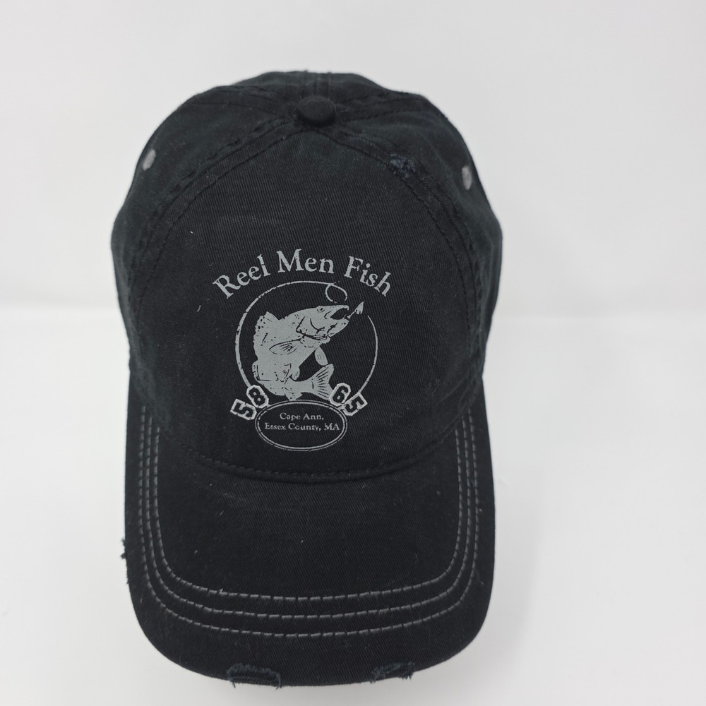Reel Men Fish Baseball Cap OSFM Fishing Graphic Distressed Snapback Black Hat